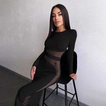 FLOWERSVERSE popular autumn new New 2025 style women's clothing fashion temperament slim crew neck yarn splicing long-sleeved dress women