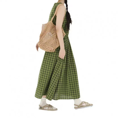 Cotton and linen green plaid fresh and white sleeveless waist drawstring summer dress literary skirt travel dress
