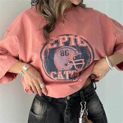 high street trend fashion old wash water printing T-shirt versatile seven-quarter sleeve top loose oversize women