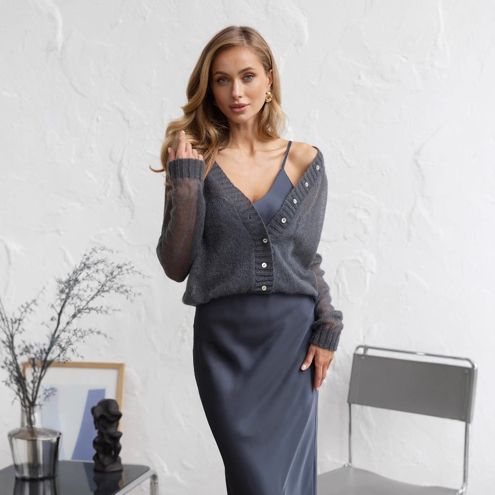 spring new niche  knitted sweater outer wear  New women's clothing fashion perspective long-sleeved top women