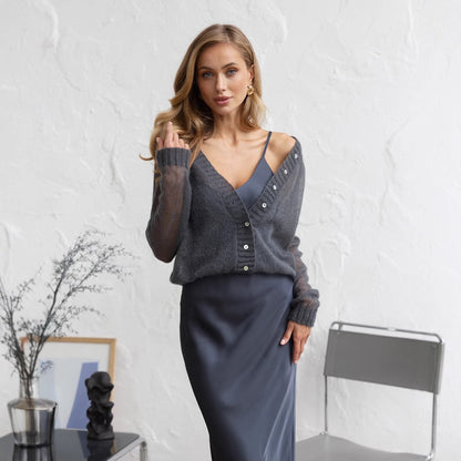 spring new niche  knitted sweater outer wear  New women's clothing fashion perspective long-sleeved top women