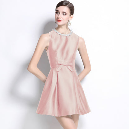 summer new  daughter gold wind pearl collar sleeveless dress women's high-end waist temperament small gift dress