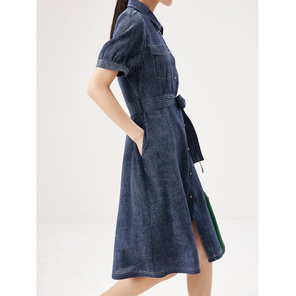 2025 Heavy silk dress, denim printing waist design, Hangzhou mulberry silk summer new women's skirt