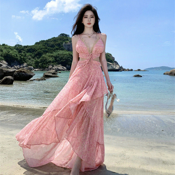 2025 Dopamine  Pink Floral Halter Suspender Dress Super Fairy Premium Sense Trailing Chiffon Beach Dress