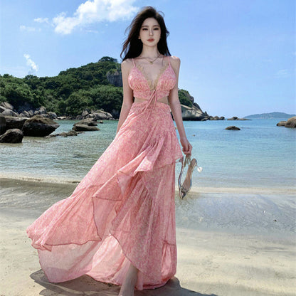 2025 Dopamine  Pink Floral Halter Suspender Dress Super Fairy Premium Sense Trailing Chiffon Beach Dress