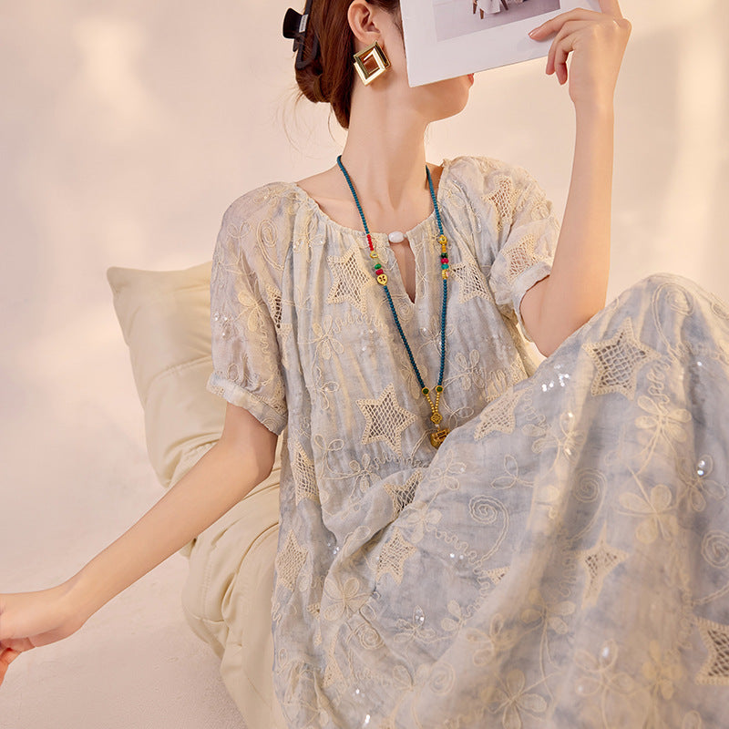 National style high-end  summer vacation gentle wind long dress women's loose star embroidery splicing dress N3099