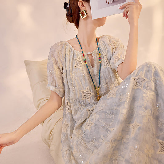 National style high-end  summer vacation gentle wind long dress women's loose star embroidery splicing dress N3099