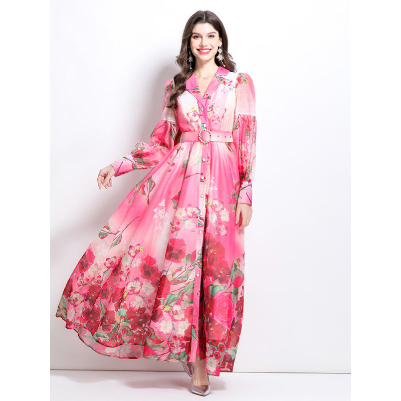 spring and summer new watercolor flower shirt-style long dress