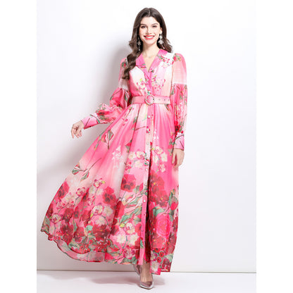 spring and summer new watercolor flower shirt-style long dress