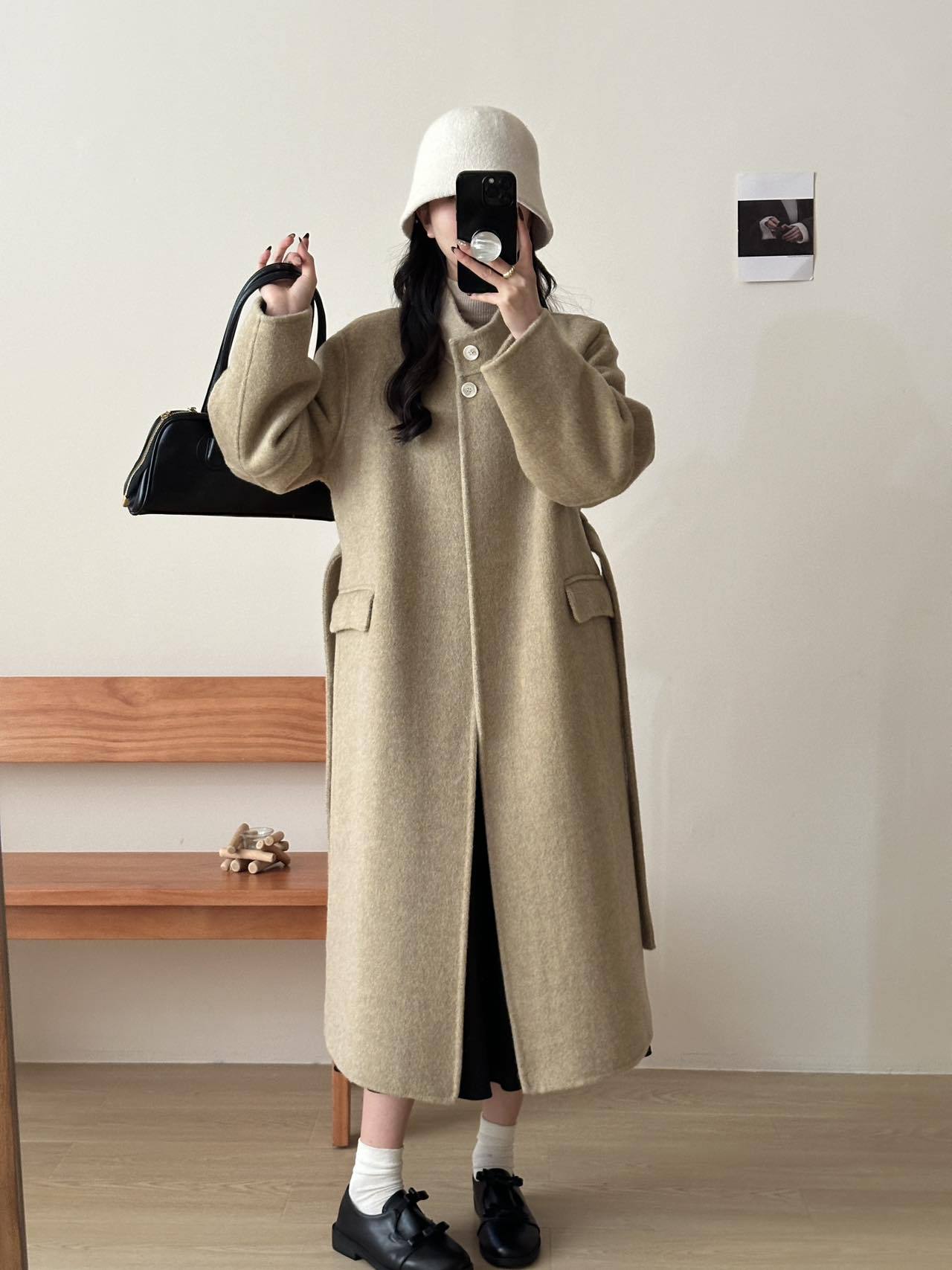 2025 Solid color stand-up collar extended strap-up high-end double-sided woolen cashmere coat women's wool woolen coat to keep warm in autumn and winter