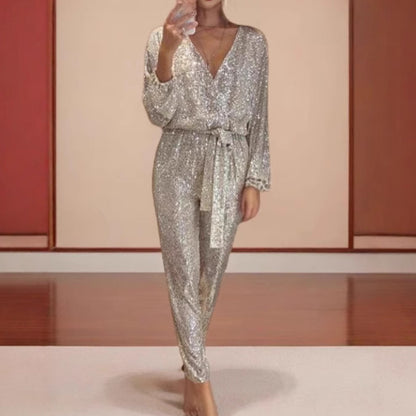 FLOWERSVERSE 2025 women's New express buy 2025 new solid color fashion V-neck long-sleeved shiny bead waist jumpsuit