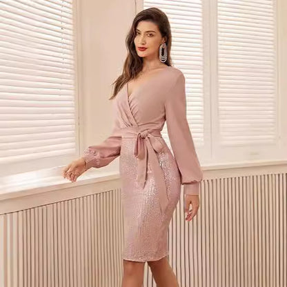 FLOWERSVERSE 2025New   Black Gold Double Spell Solid Color Temperament Commuter High Waist Fashion Sequin Dress