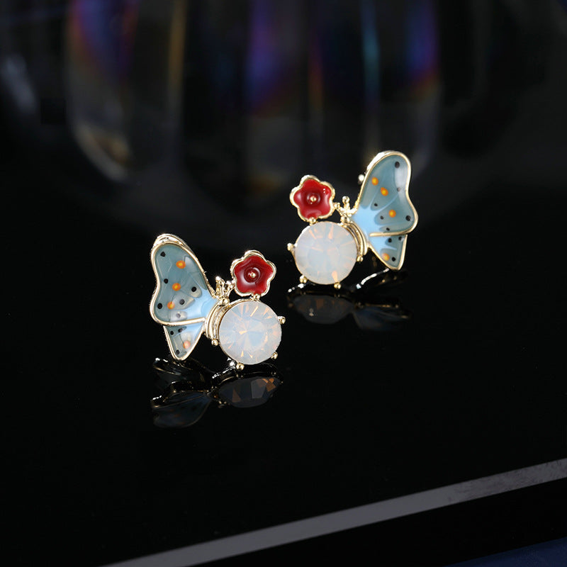 2025 S925 silver needle earrings new fresh and sweet high-end drip oil enamel earrings oil painting style color butterfly stud earrings