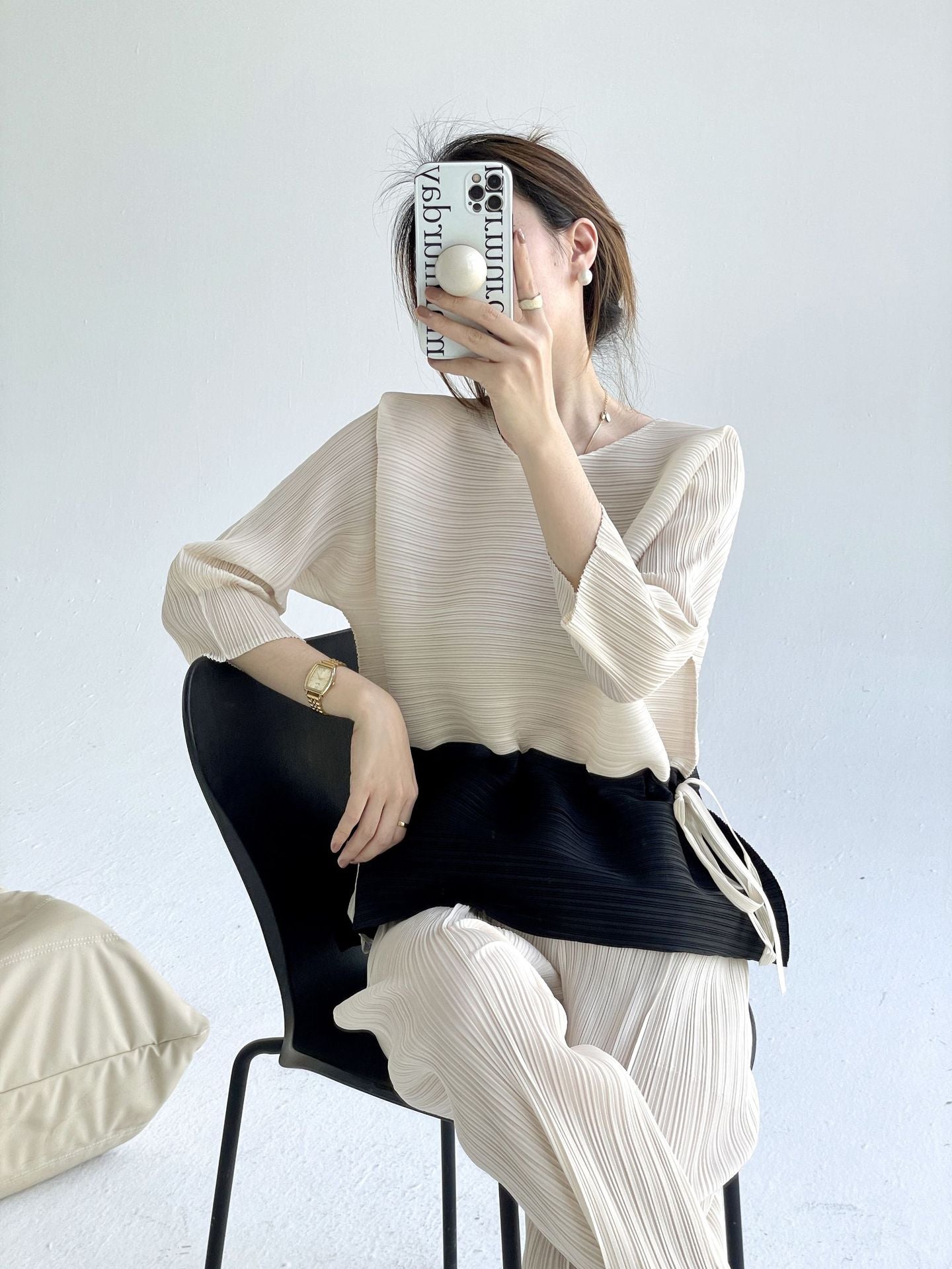 popular spring and summer new fashion color matching loose crew neck top femininity meat covering thin drawstring waist T-shirt