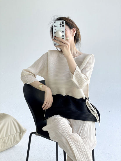 popular spring and summer new fashion color matching loose crew neck top femininity meat covering thin drawstring waist T-shirt