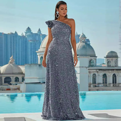 FLOWERSVERSE New cross-border new sequined slanted shoulder backless sleeveless long ball sequined silver pendulum dress evening dress