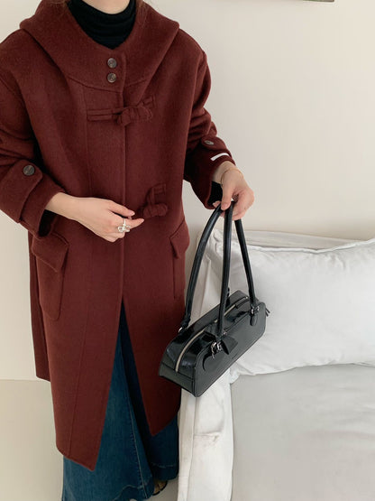 2025 Hooded disc buckle solid color extended double-sided wool coat woolen casual loose coat women's warm autumn and winter