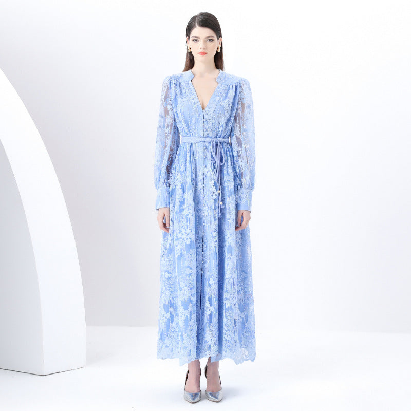 retro court dress heavy industry embroidery waist thin long lace dress women's New Popular trade dress