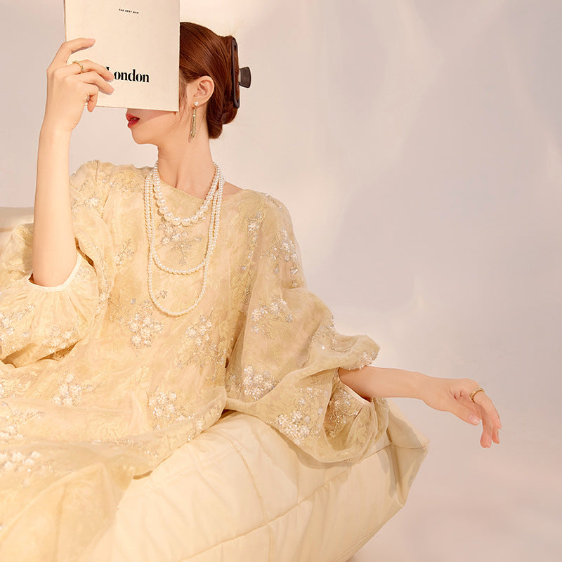 New Chinese high-end flower bead embroidered dress Guofeng  light luxury design temperament long dress N2034