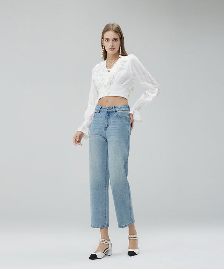 2025 Spring and Autumn  high waist high and thin nine-point women's denim straight pants elastic jeans