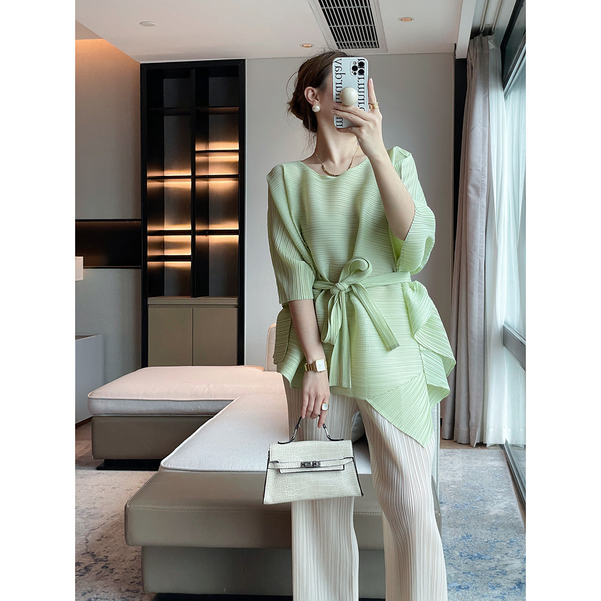 Miyake  summer new pleated top irregular pleated short sleeve loose medium and long crew neck T-shirt