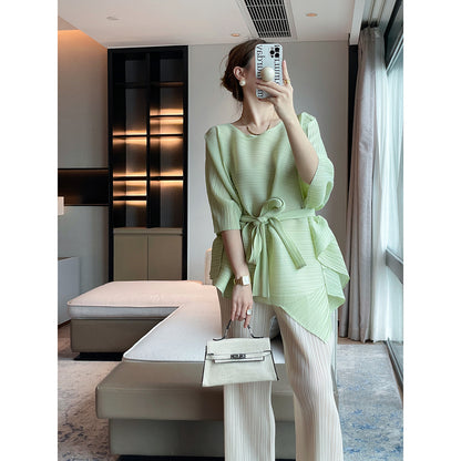 Miyake  summer new pleated top irregular pleated short sleeve loose medium and long crew neck T-shirt