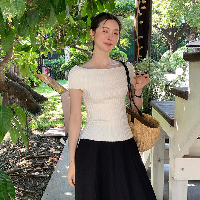 2025 Spring and Summer New Versatile One-Word Neck Slim-fit Bottom Knitted Sweater Short Sleeve T-Shirt Women's Top 25217