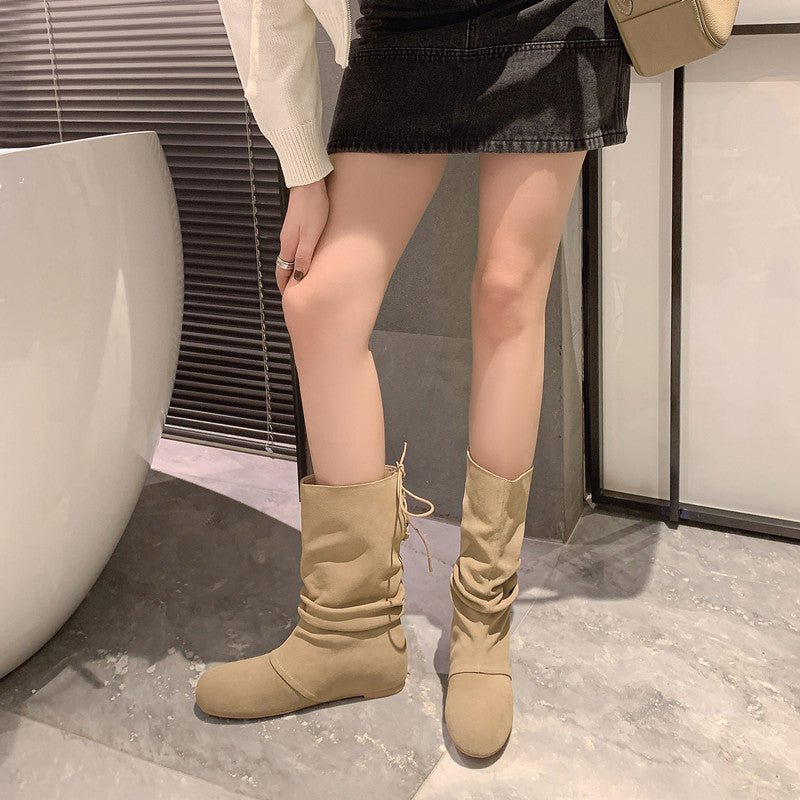 2025  Pile boots retro round head flat bottom niche cross strap frosted leather western cowboy boots wrinkled apricot short boots women