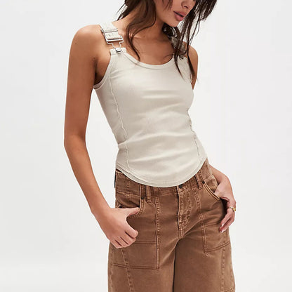 spring new strap buckle sling vest women wear fashion hot girls solid color lunch break waist top Popular trade