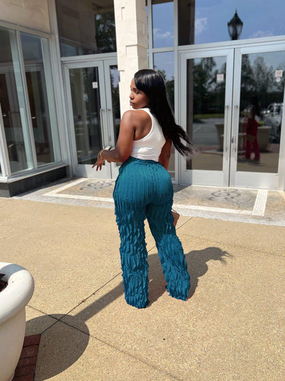 FLOWERSVERSE  Y1260  European and American Women's Clothing Cross-Border Supply Mesh Wave Pattern Ruffled Loose High Waist Wide Leg Trousers