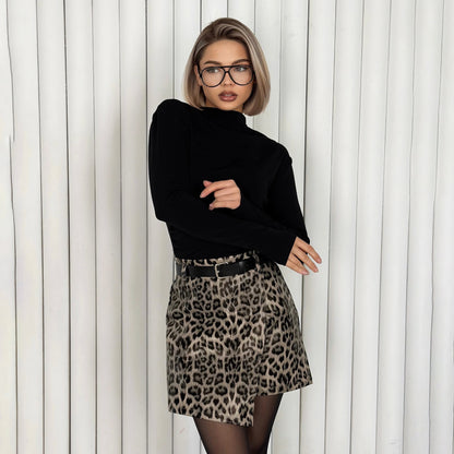 Cross-border  spring high-end elegant leather skirt short leopard print high waist irregular splicing leather skirt