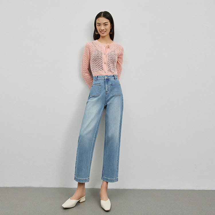 2025 Spring and summer high-quality Xinjiang plush micro-elastic double bag personalized design nine-point straight pants women's elastic denim