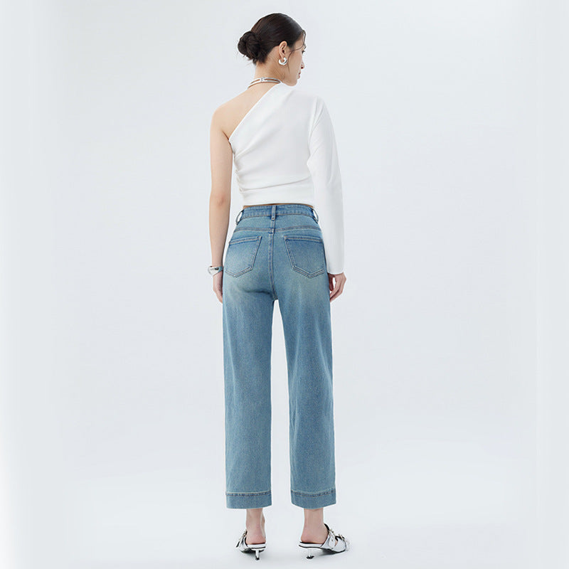 2025 Spring popular new women's clothing high-waisted nine-point jeans micro-elastic comfortable and stylish exquisite large straight nine-point pants