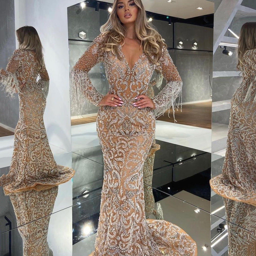 New spring new  women's evening dress female fishtail sprinkled with gold tassel elegant sexy long dress dress