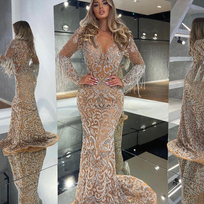 New spring new  women's evening dress female fishtail sprinkled with gold tassel elegant sexy long dress dress