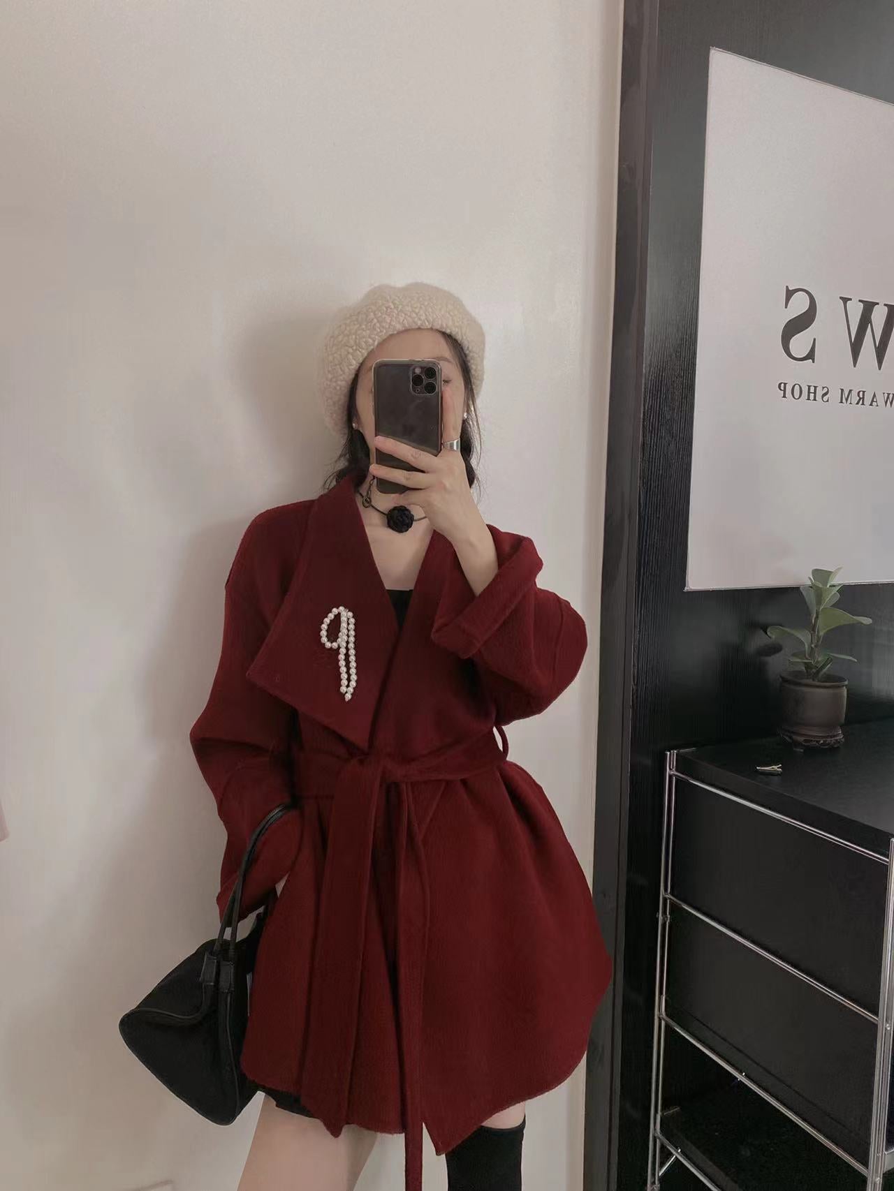 2025 Large lapel lace-up sleeves pearl accessories high-end double-sided wool coat woolen jacket women's warm autumn and winter
