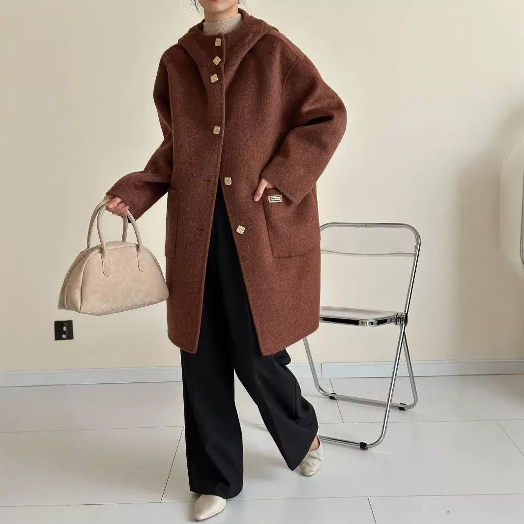 2025 Yak down mulberry silk wool hooded single-row multi-buckle shoulder sleeves extended double-sided woolen cashmere coat autumn and winter