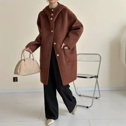 2025 Yak down mulberry silk wool hooded single-row multi-buckle shoulder sleeves extended double-sided woolen cashmere coat autumn and winter
