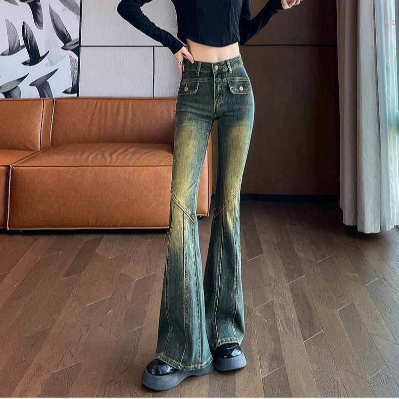 flowersverse Skinny Jeans Women's Winter High Waist Hong Kong Style Design Sense Horseshoe Stretch New Fashion Hot Girl Slim Fit Bell-Bottom Pants