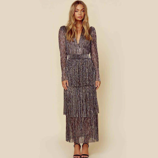 FLOWERSVERSE 20252025  new 2025 trade fashion long dress temperament commuting black printing high waist irregular long dress dress