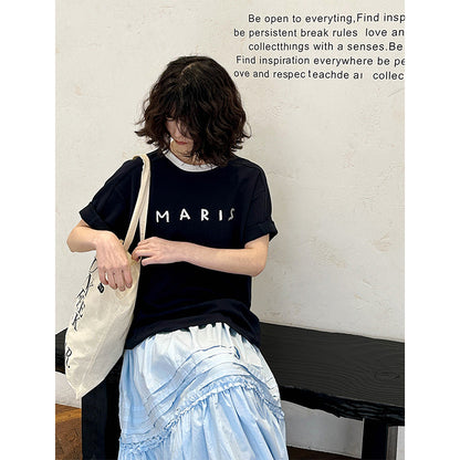 2025  Spring New Korean Version Front Shoulder Niche Design Contrasting Color Crew Neck Splicing Short Sleeve T-Shirt 80118