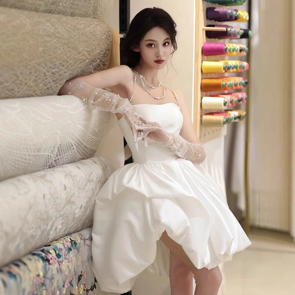 2025 Light wedding dress white tube top short silk and satin  spring new travel photography daily niche high-end party dress