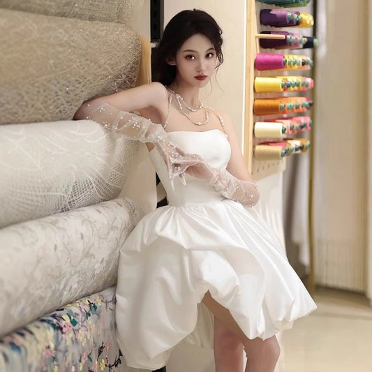 2025 Light wedding dress white tube top short silk and satin  spring new travel photography daily niche high-end party dress
