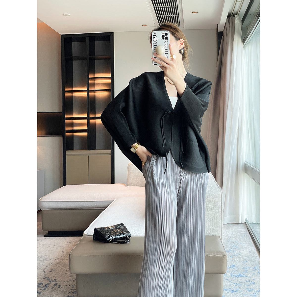 Folds  autumn new Chinese style improved button short coat women's zen temperament versatile white top women