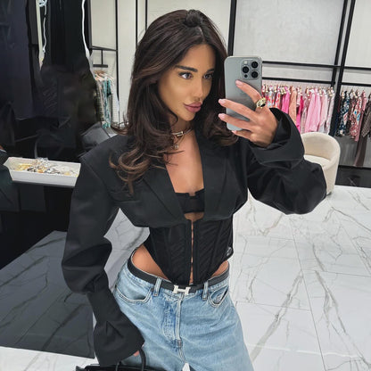 speakers, long-sleeved short suit top, deep v-neck, thin and slim, advanced niche design, front shoulder trendy brand