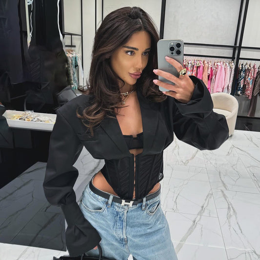 speakers, long-sleeved short suit top, deep v-neck, thin and slim, advanced niche design, front shoulder trendy brand