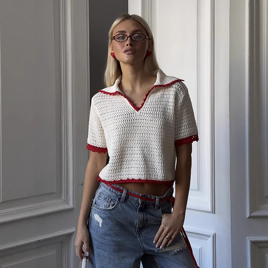 personalized summer new knitted hollow navy round neck five-quarter sleeve polo shirt front shoulder women's short loose and spicy