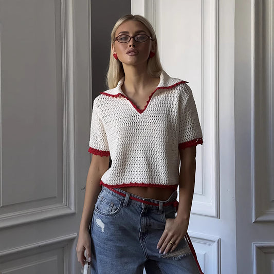 personalized summer new knitted hollow navy round neck five-quarter sleeve polo shirt front shoulder women's short loose and spicy