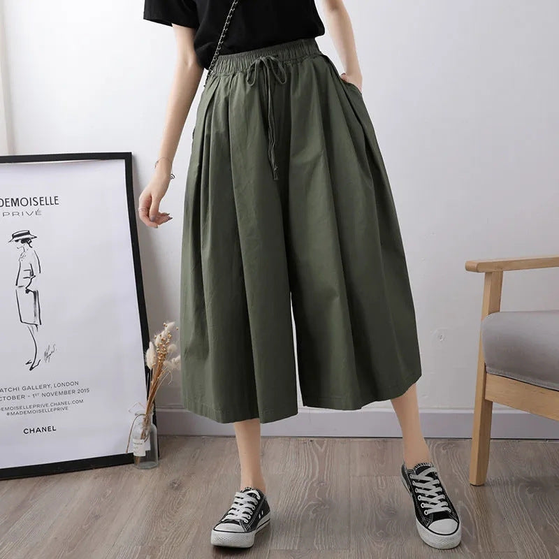 flowersverse Spring, Summer and Autumn New plus Size Wide Leg Culottes Female Student Korean Style Loose High Waist Ankle Culotte Casual Pants Female