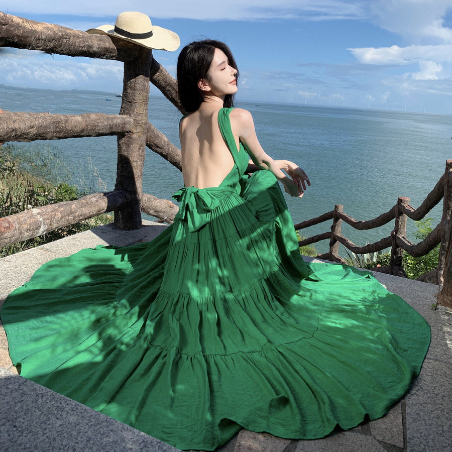 2025 high-end strap neck swing skirt female sexy backless romantic vacation white green split-ended long dress